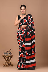 TEJASVINI" – BLACK & RED ABSTRACT TRIANGLE PRINT COTTON MUL MUL SAREE