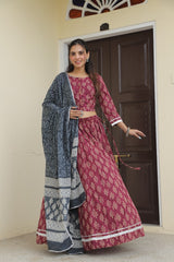 Maroon Handblock Printed Lehanga set