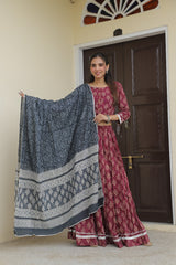 Maroon Handblock Printed Lehanga set