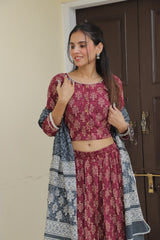 Maroon Handblock Printed Lehanga set
