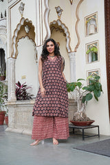 RUST & BLACK BLOCK PRINT KURTA SET