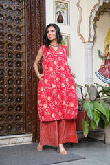 FLORAL FUSION COTTON KURTA SET (RED)