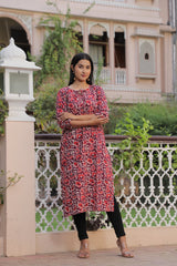 RED PRINTED STRAIGHT KURTI