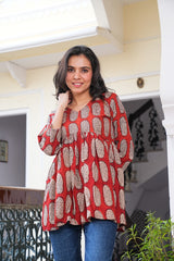 HOT RED BLOCK PRINT COTTON TUNIC