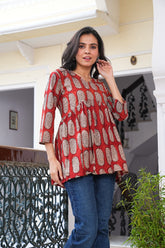 HOT RED BLOCK PRINT COTTON TUNIC