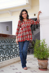 HOT RED BLOCK PRINT COTTON TUNIC