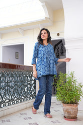INDIGO FLORAL DAMASK COTTON TUNIC