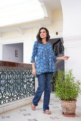 INDIGO FLORAL DAMASK COTTON TUNIC