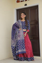 Royal Blue &MarronHandblock Printed Lehenga set