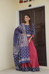 Royal Blue &MarronHandblock Printed Lehenga set