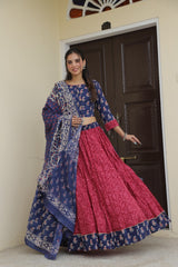 Royal Blue &MarronHandblock Printed Lehenga set