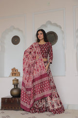 Maroon & Beige Handblock Cotton Lehenga Set