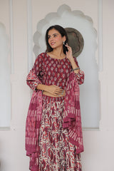 Maroon & Beige Handblock Cotton Lehenga Set
