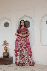 Maroon & Beige Handblock Cotton Lehenga Set