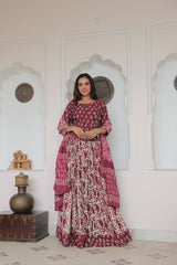 Maroon & Beige Handblock Cotton Lehenga Set