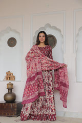 Maroon & Beige Handblock Cotton Lehenga Set