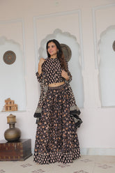 Black & Beige Floral HandblockLehenga Set