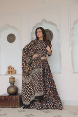 Black & Beige Floral HandblockLehenga Set