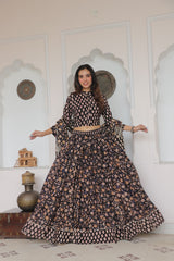 Black & Beige Floral HandblockLehenga Set