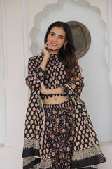 Black & Beige Floral HandblockLehenga Set