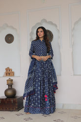 Indigo Blue Handblock Print Lehenga Set