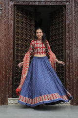 Indigo & Brick Red Paisley HandblockLehenga Set
