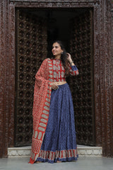 Indigo & Brick Red Paisley HandblockLehenga Set