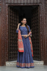Indigo&syahi beggar HandblockLehenga Set
