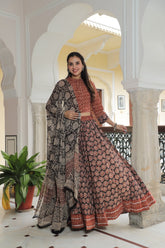 Rust & Black Ajrakh Printed Cotton Lehenga Set
