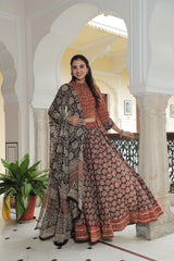 Rust & Black Ajrakh Printed Cotton Lehenga Set