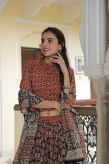 Rust & Black Ajrakh Printed Cotton Lehenga Set