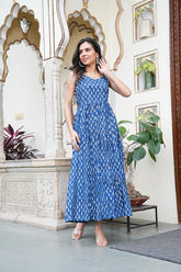 Blue Bloom Handblock Cotton Long Dress