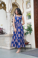 Royal Blue Paisley Handblock Printed Flared long Dress