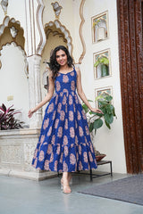 Royal Blue Paisley Handblock Printed Flared long Dress