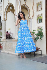 Sky Blue Floral Hand Block Printed Long Dress