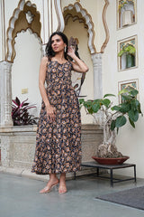 "Black & Mustard Hand-Block Floral Long Dress"