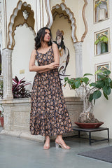 "Black & Mustard Hand-Block Floral Long Dress"