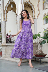 PURPLE FLORAL COTTON LONG DRESS