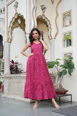 WINE PINK FLORAL COTTON LONG DRESS