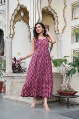 WINE FLORAL BLOCK PRINT LONG DRESS