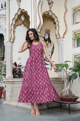 WINE FLORAL BLOCK PRINT LONG DRESS