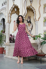 WINE FLORAL BLOCK PRINT LONG DRESS