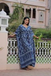 ELEGANT INDIGO HAND-BLOCK PRINTED LONG KAFTAN