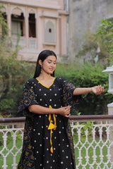 BLACK & MUSTARD POLKA PRINTED COTTON KAFTAN