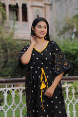 BLACK & MUSTARD POLKA PRINTED COTTON KAFTAN