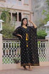 BLACK & MUSTARD POLKA PRINTED COTTON KAFTAN