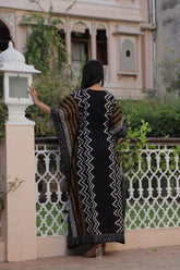 BLACK & MUSTARD ZIGZAG HANDBLOCK PRINTED KAFTAN