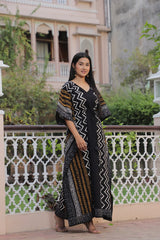 BLACK & MUSTARD ZIGZAG HANDBLOCK PRINTED KAFTAN