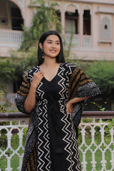 BLACK & MUSTARD ZIGZAG HANDBLOCK PRINTED KAFTAN