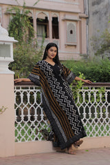 BLACK & MUSTARD ZIGZAG HANDBLOCK PRINTED KAFTAN